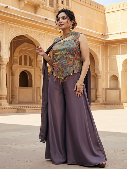 Embroidered Multicolor Top with Dupatta and Palazzo Pants. Designer festive and party wear Indo western palazzo outfit.