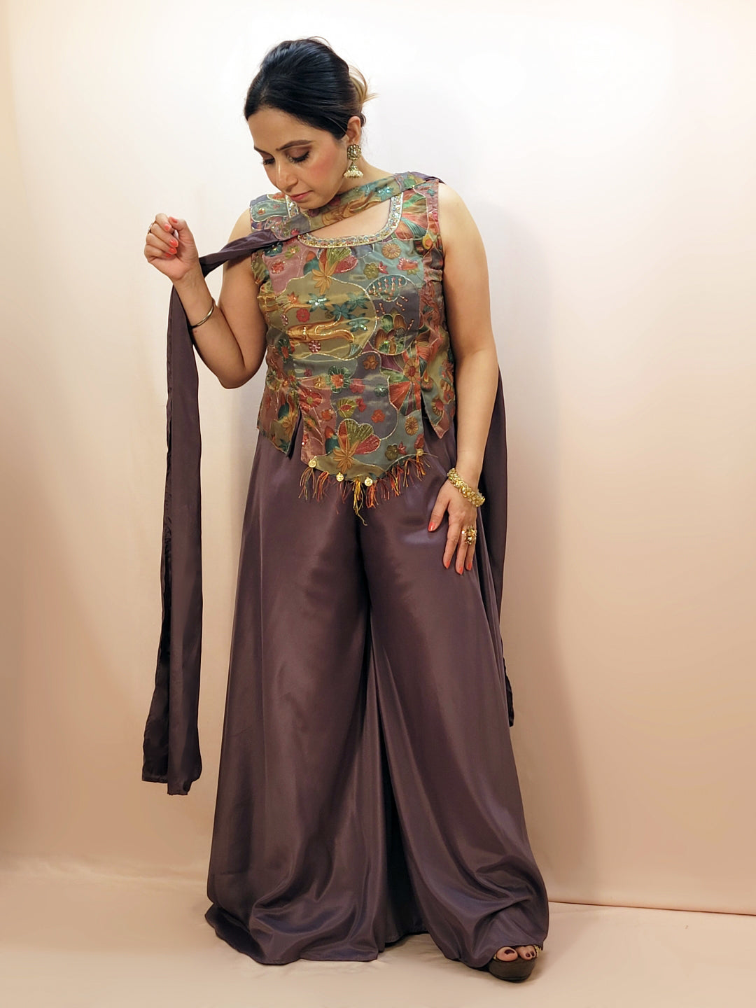 Embroidered Multicolor Top with Dupatta and Palazzo Pants. Designer festive and party wear Indo western palazzo outfit.