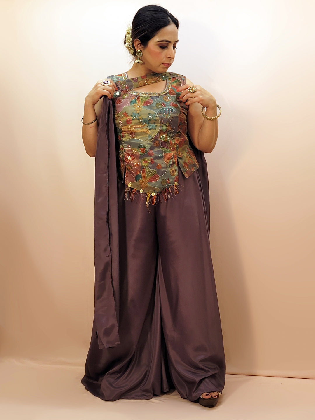 Embroidered Multicolor Top with Dupatta and Palazzo Pants. Designer festive and party wear Indo western palazzo outfit.