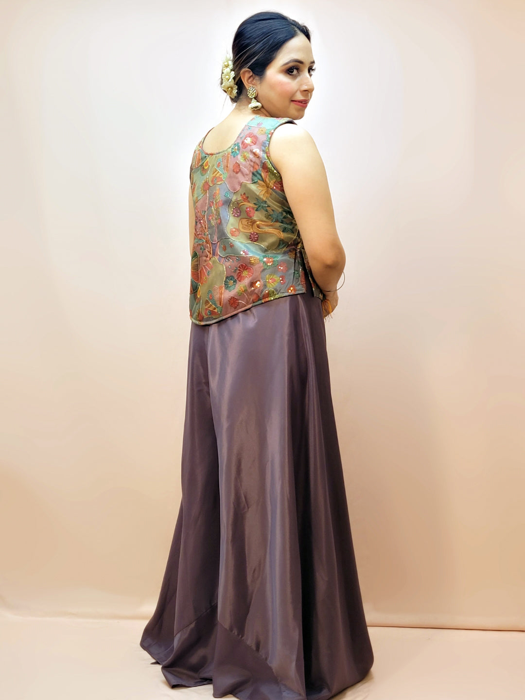 Embroidered Multicolor Top with Dupatta and Palazzo Pants. Designer festive and party wear Indo western palazzo outfit.