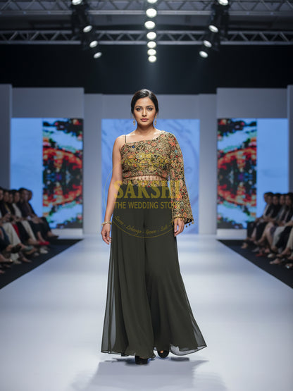 Green Indo Western one shoulder crop top and palazzo set