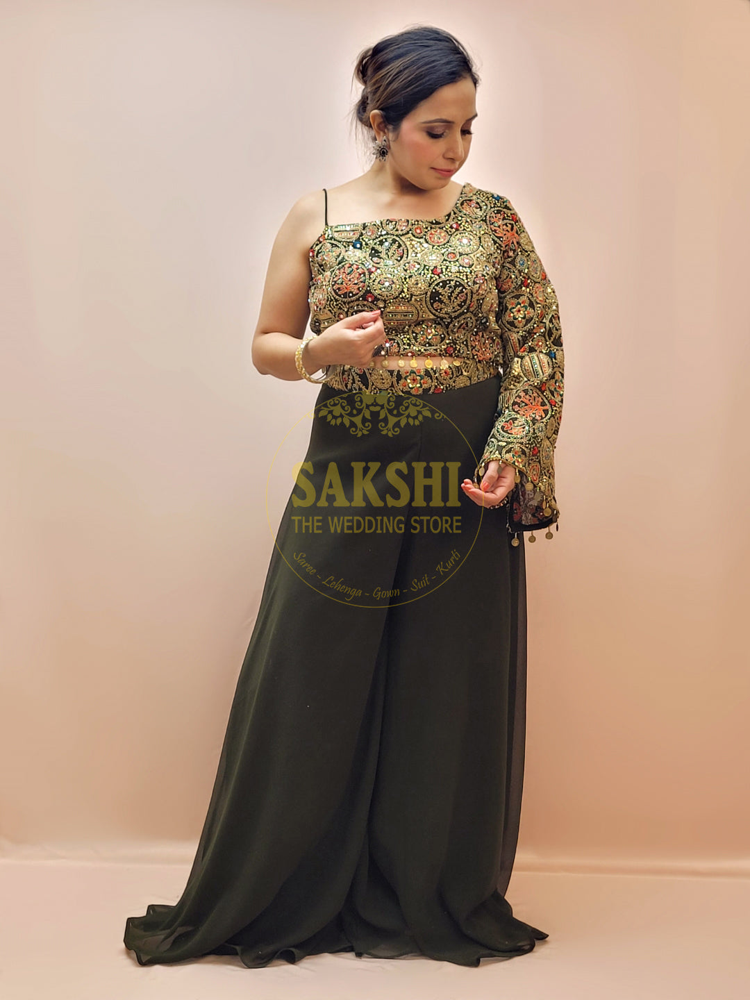 Green Indo Western one shoulder crop top and palazzo set