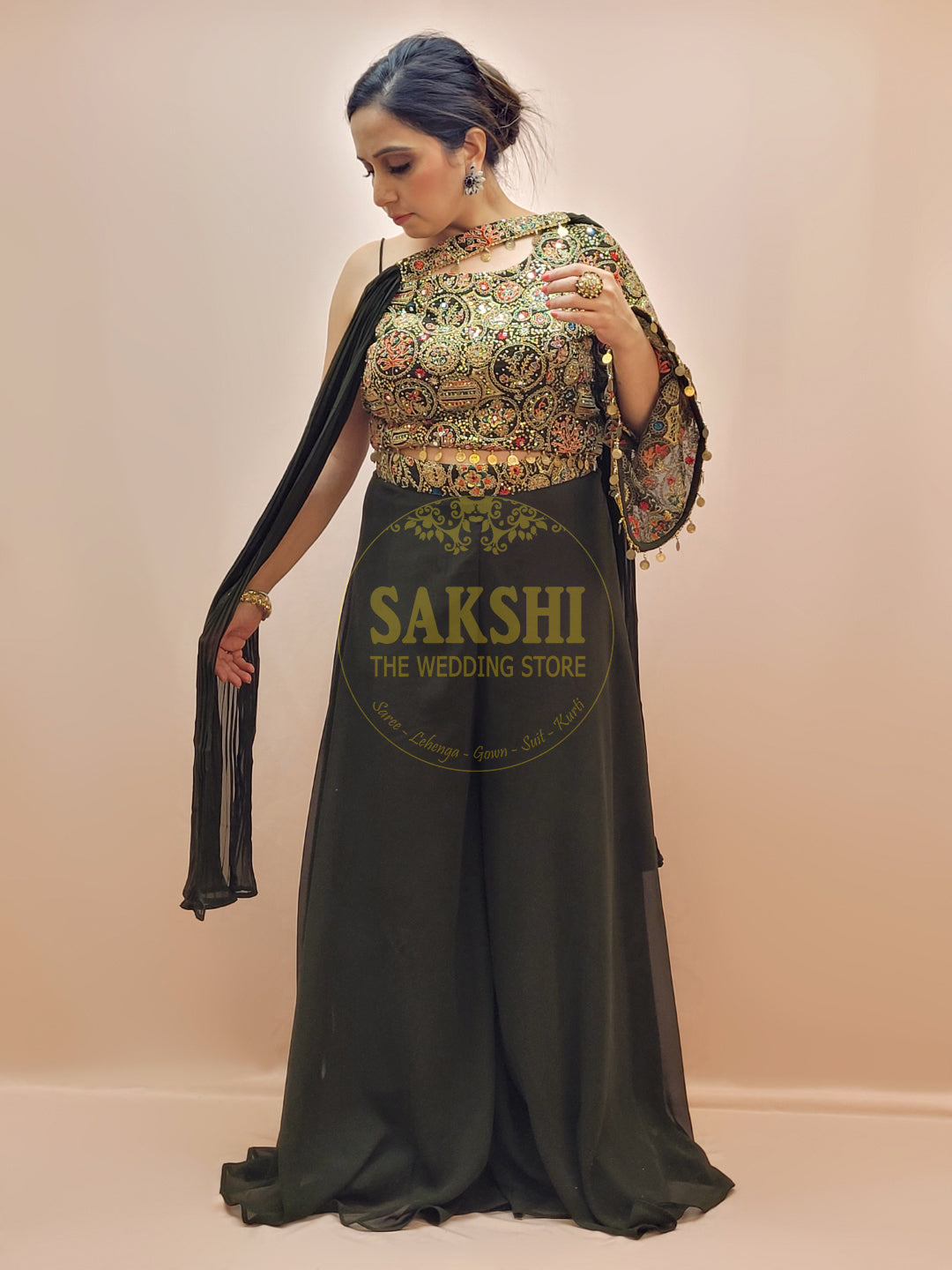 Green Indo Western one shoulder crop top and palazzo set