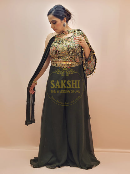 Green Indo Western one shoulder crop top and palazzo set