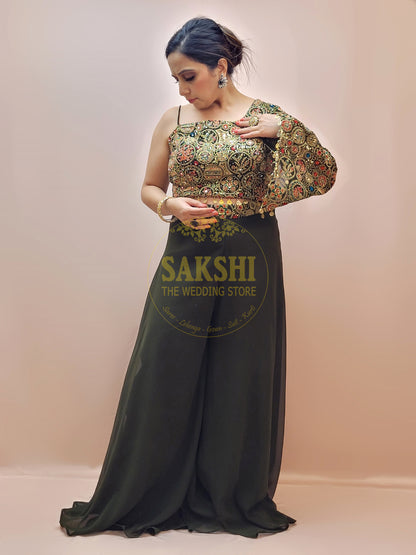 Green Indo Western one shoulder crop top and palazzo set