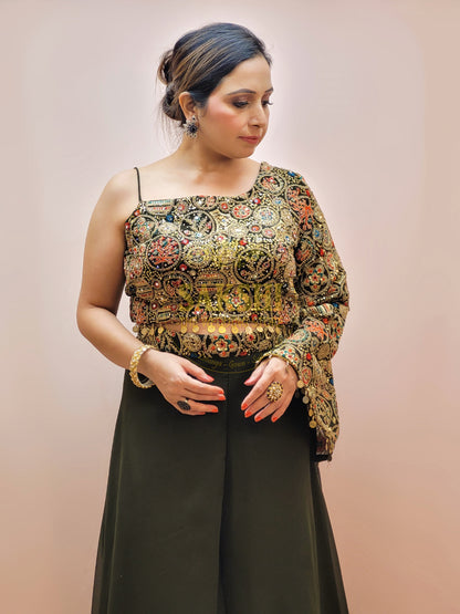 Green Indo Western one shoulder crop top and palazzo set