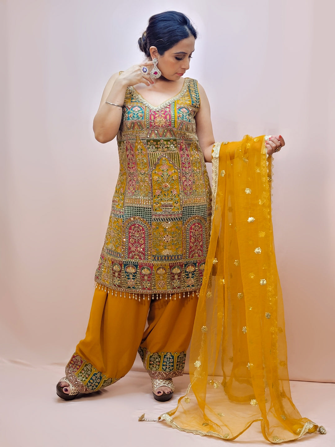 Heavy Wedding Farsi Salwar Suit in Yellow