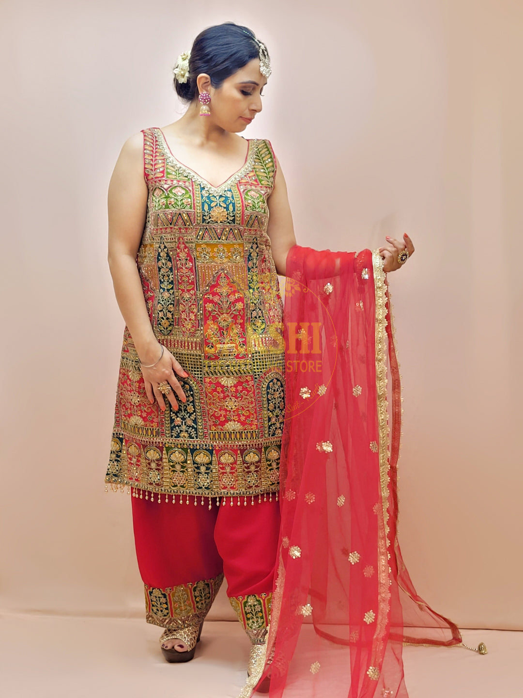 Heavy Wedding Farsi Salwar Suit in Red