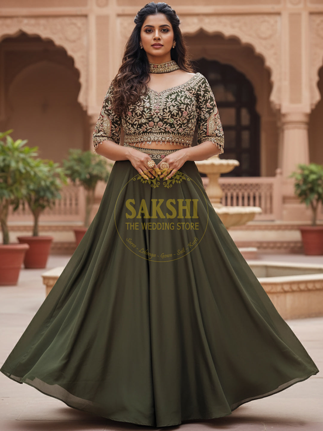 Mehendi Green Embroidered Party Wear Crop Top and Palazzo Set