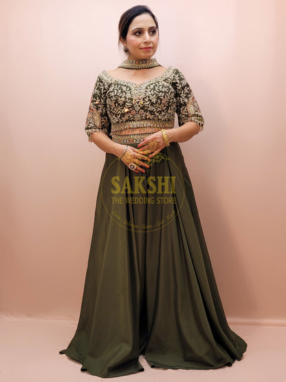 Mehendi Green Embroidered Party Wear Crop Top and Palazzo Set