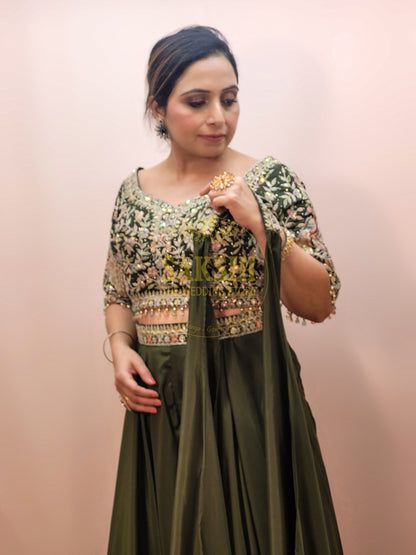 Mehendi Green Embroidered Party Wear Crop Top and Palazzo Set