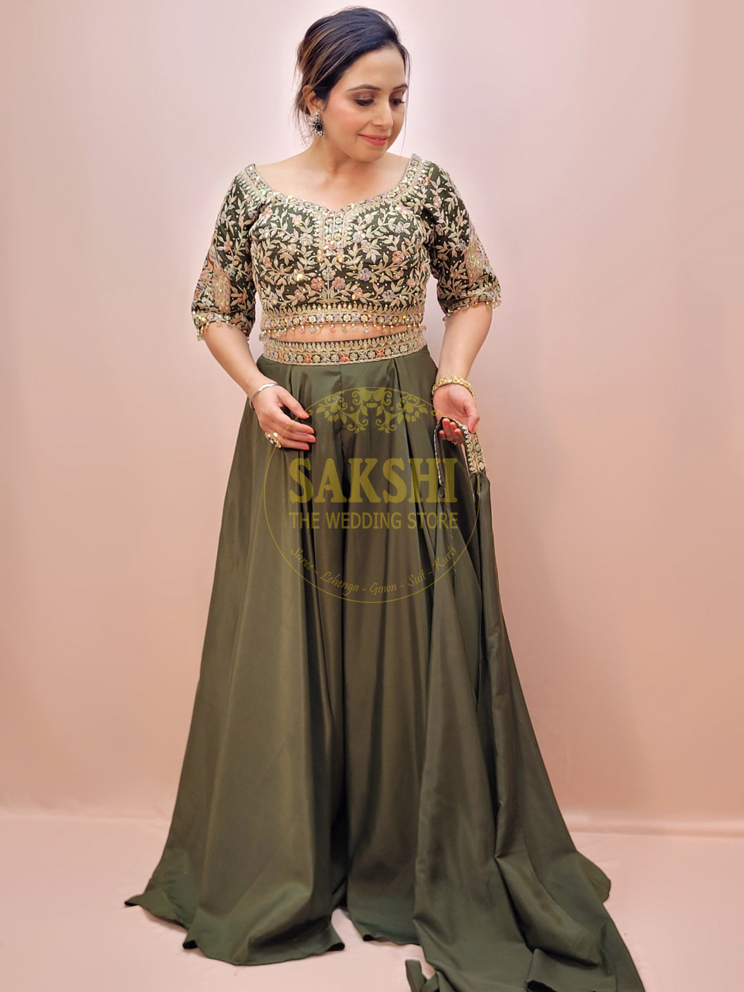 Mehendi Green Embroidered Party Wear Crop Top and Palazzo Set