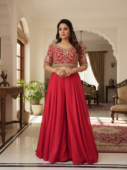 Red Embroidered Party Wear Crop Top and Palazzo Set