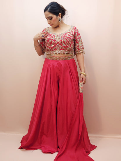 Red Embroidered Party Wear Crop Top and Palazzo Set