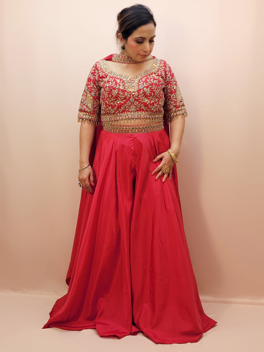 Red Embroidered Party Wear Crop Top and Palazzo Set