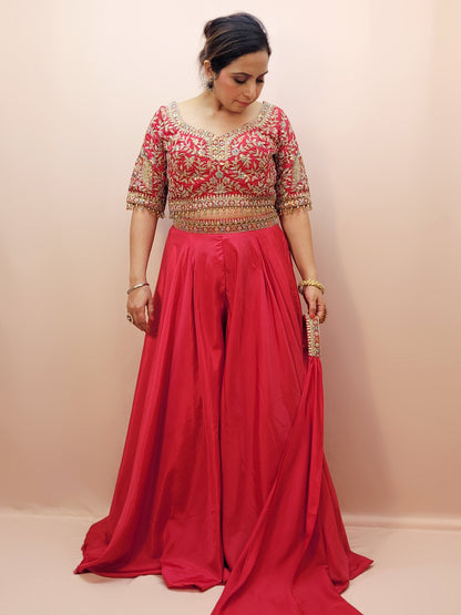 Red Embroidered Party Wear Crop Top and Palazzo Set