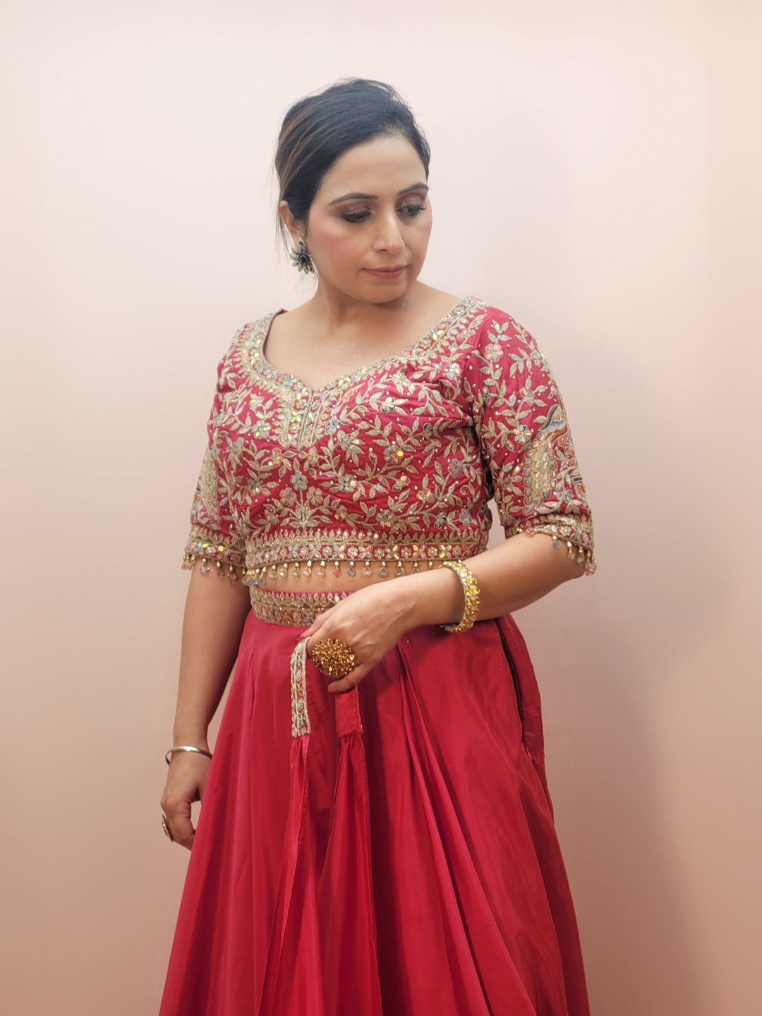 Red Embroidered Party Wear Crop Top and Palazzo Set