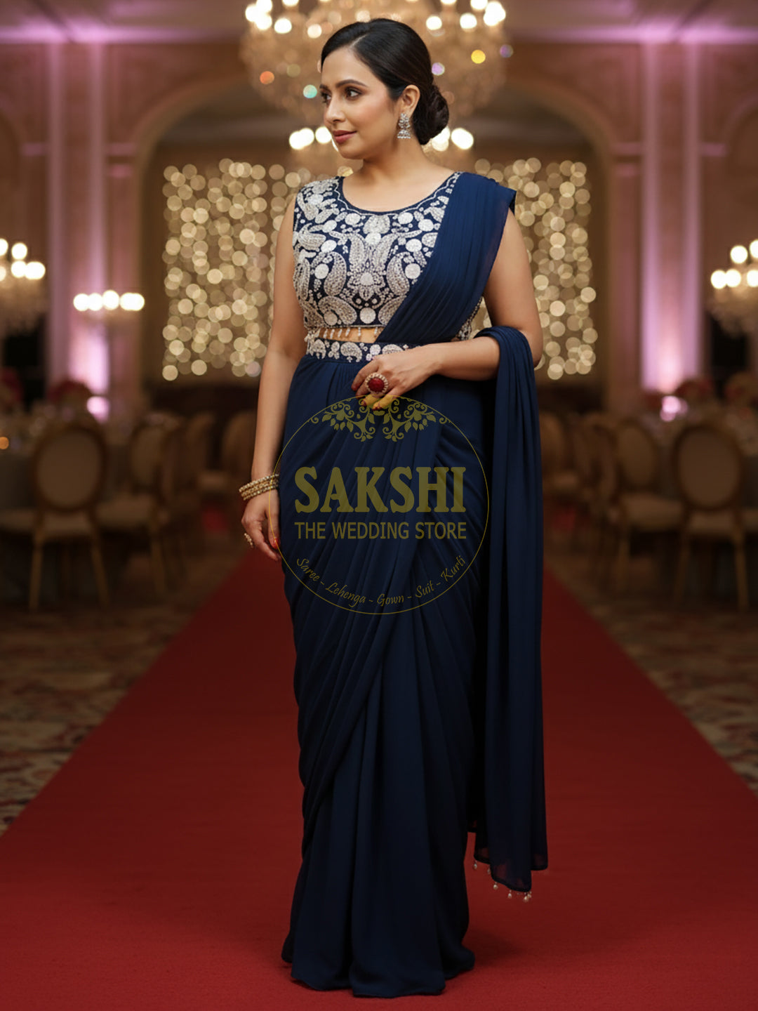 Designer Blue Drape Saree with Heavy Embroidered Blouse.