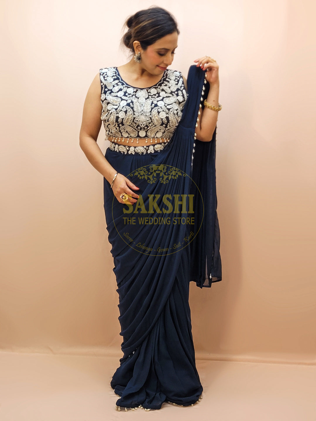 Designer Blue Drape Saree with Heavy Embroidered Blouse.
