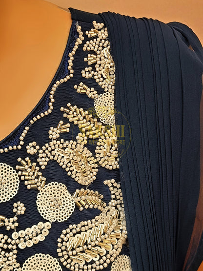 Designer Blue Drape Saree with Heavy Embroidered Blouse.