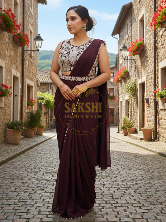 Designer Purple Drape Saree with Heavy Embroidered Blouse.