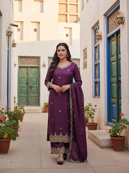 Embroidered Purple Palazzo Suit