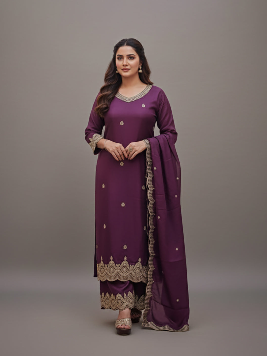 Embroidered Purple Palazzo Suit