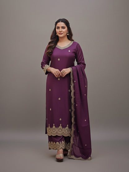 Embroidered Purple Palazzo Suit