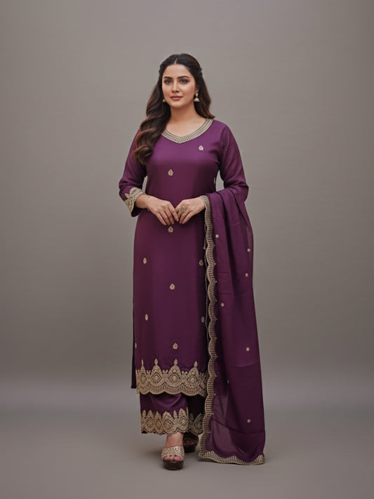 Embroidered Purple Palazzo Suit
