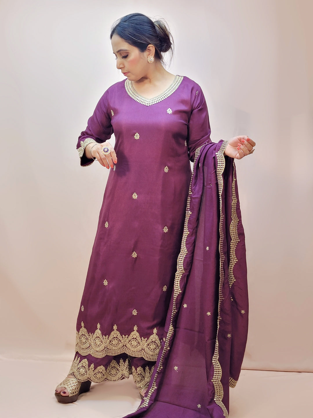 Embroidered Purple Palazzo Suit