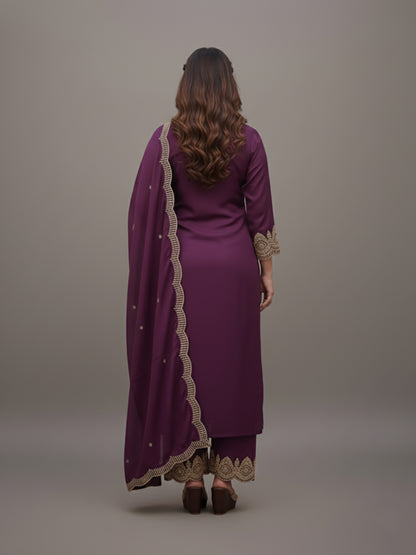Embroidered Purple Palazzo Suit