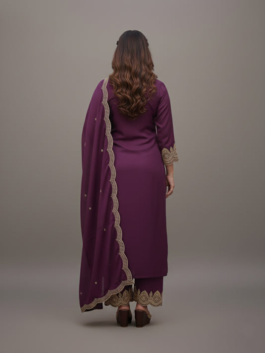 Embroidered Purple Palazzo Suit
