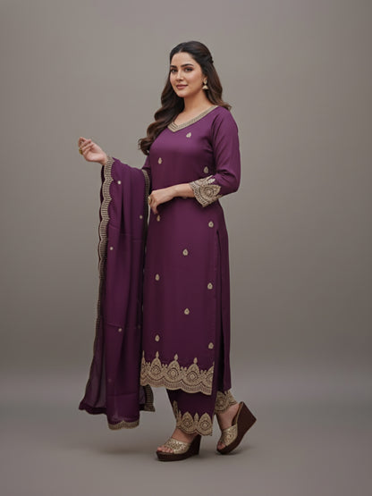 Embroidered Purple Palazzo Suit