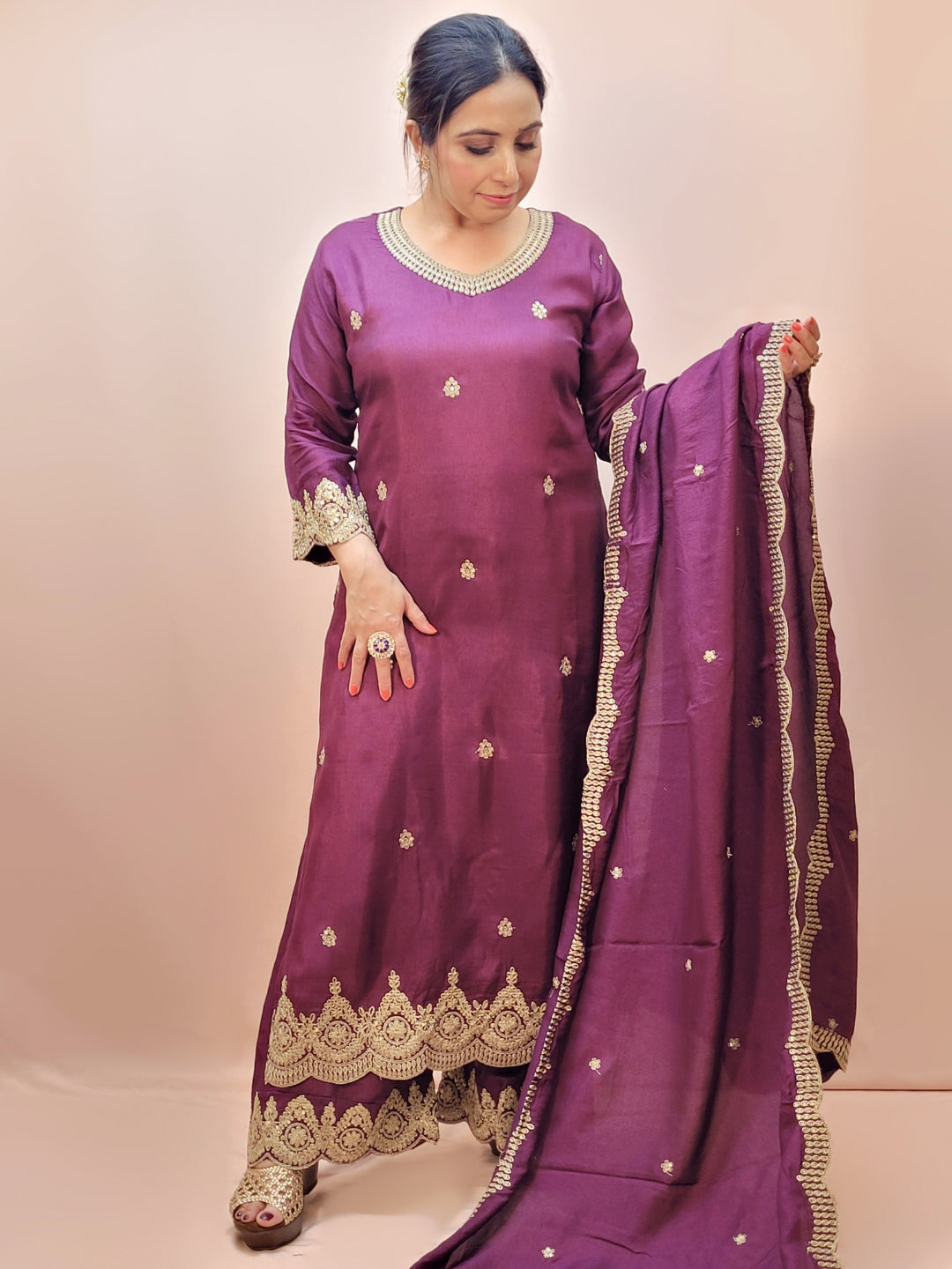 Embroidered Purple Palazzo Suit