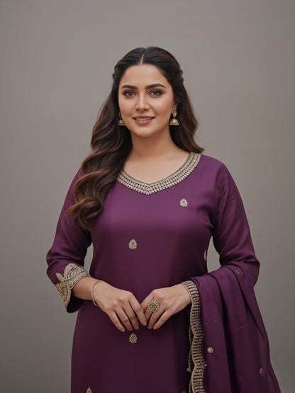 Embroidered Purple Palazzo Suit