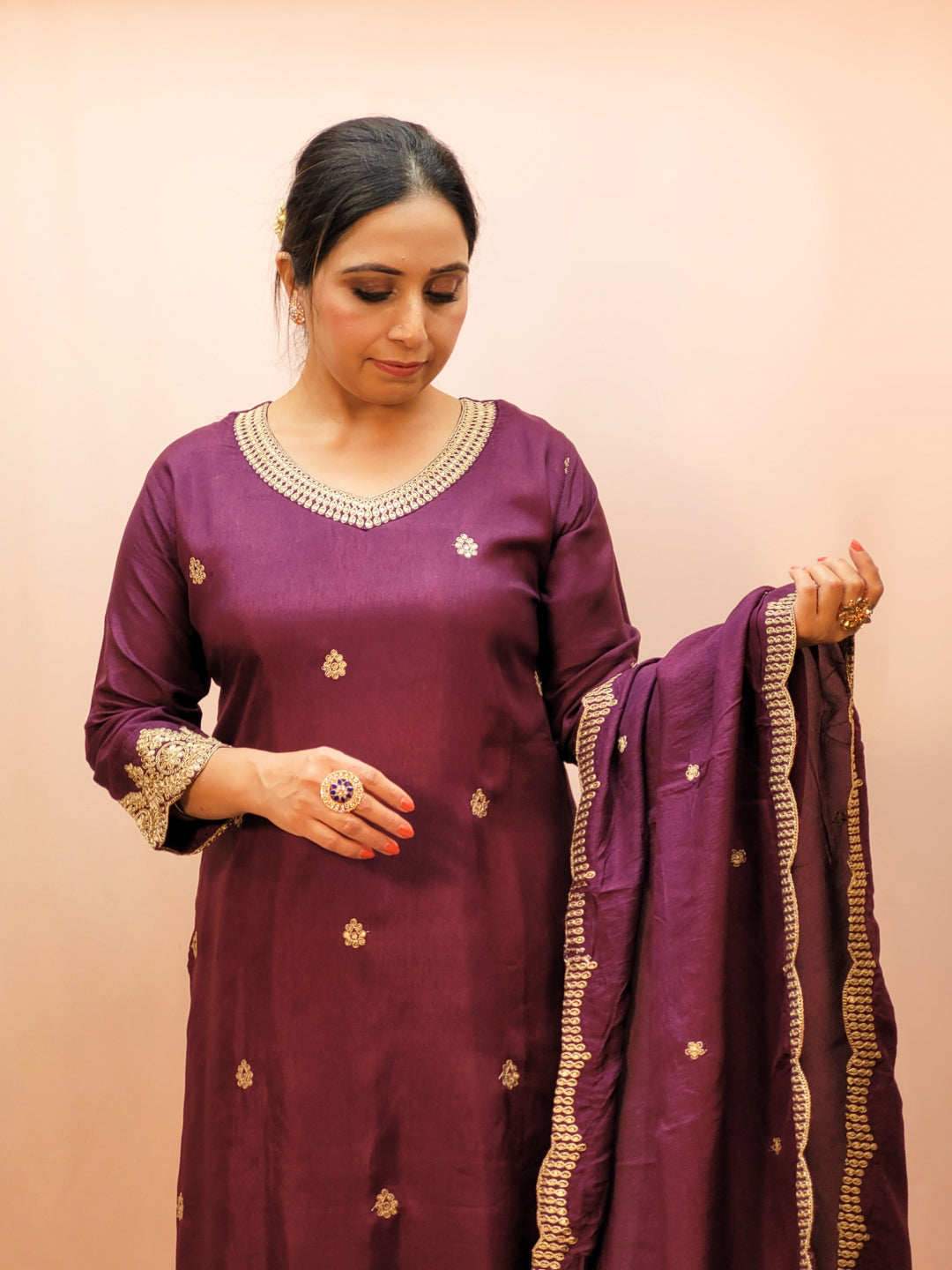 Embroidered Purple Palazzo Suit