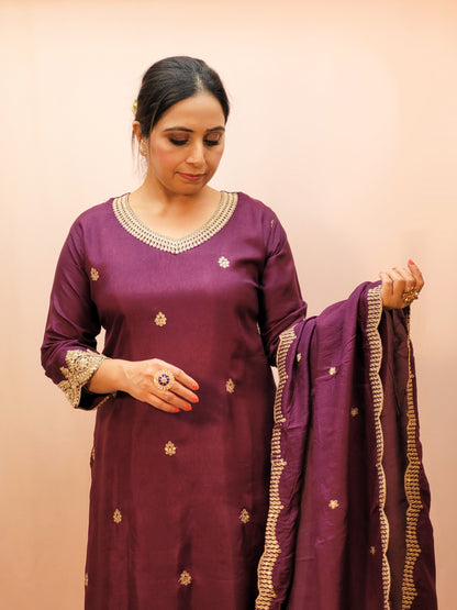 Embroidered Purple Palazzo Suit