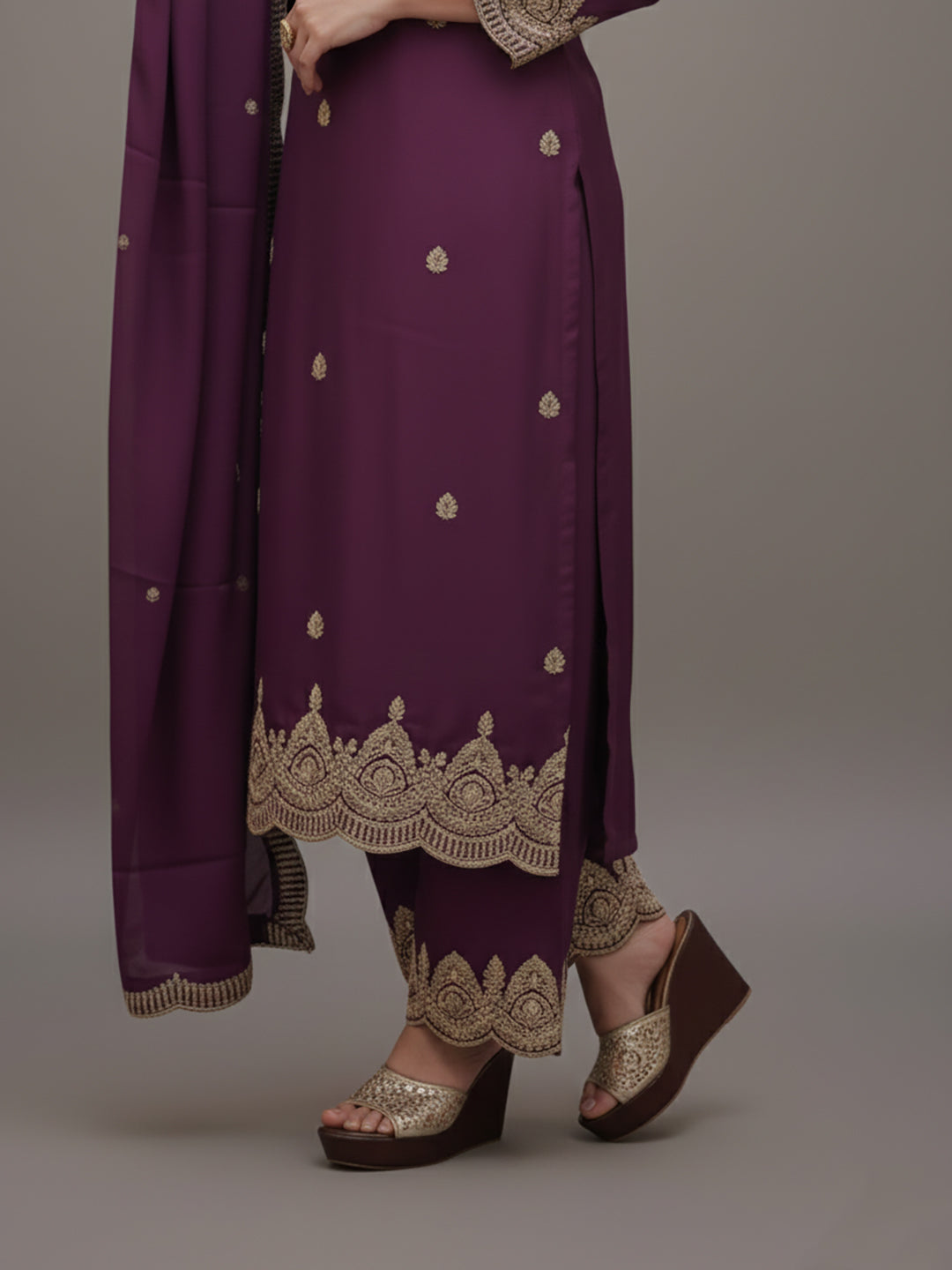 Embroidered Purple Palazzo Suit