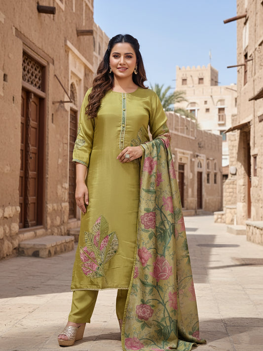Mehendi Green Kurta Set with Floral Dupatta