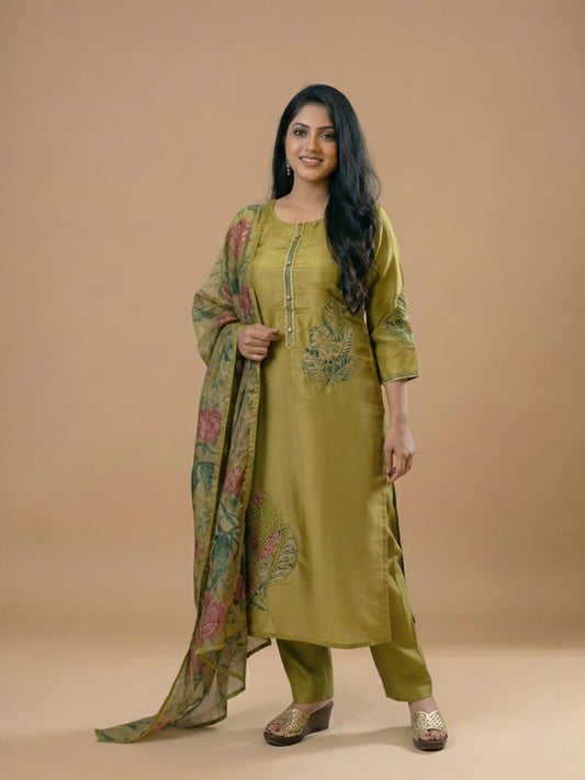 Mehendi Green Straight Suit Set with Floral Dupatta
