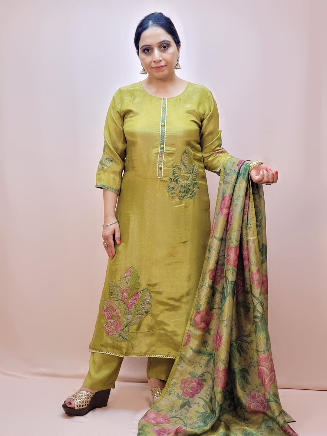 Mehendi Green Kurta Set with Floral Dupatta