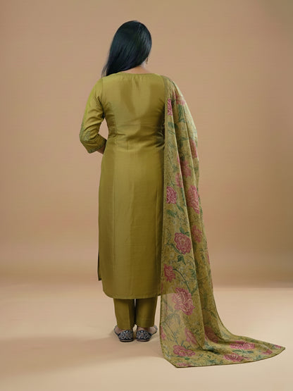 Mehendi Green Straight Suit Set with Floral Dupatta