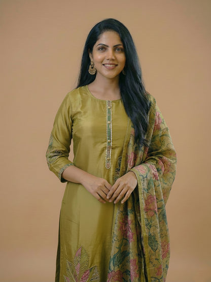 Mehendi Green Straight Suit Set with Floral Dupatta