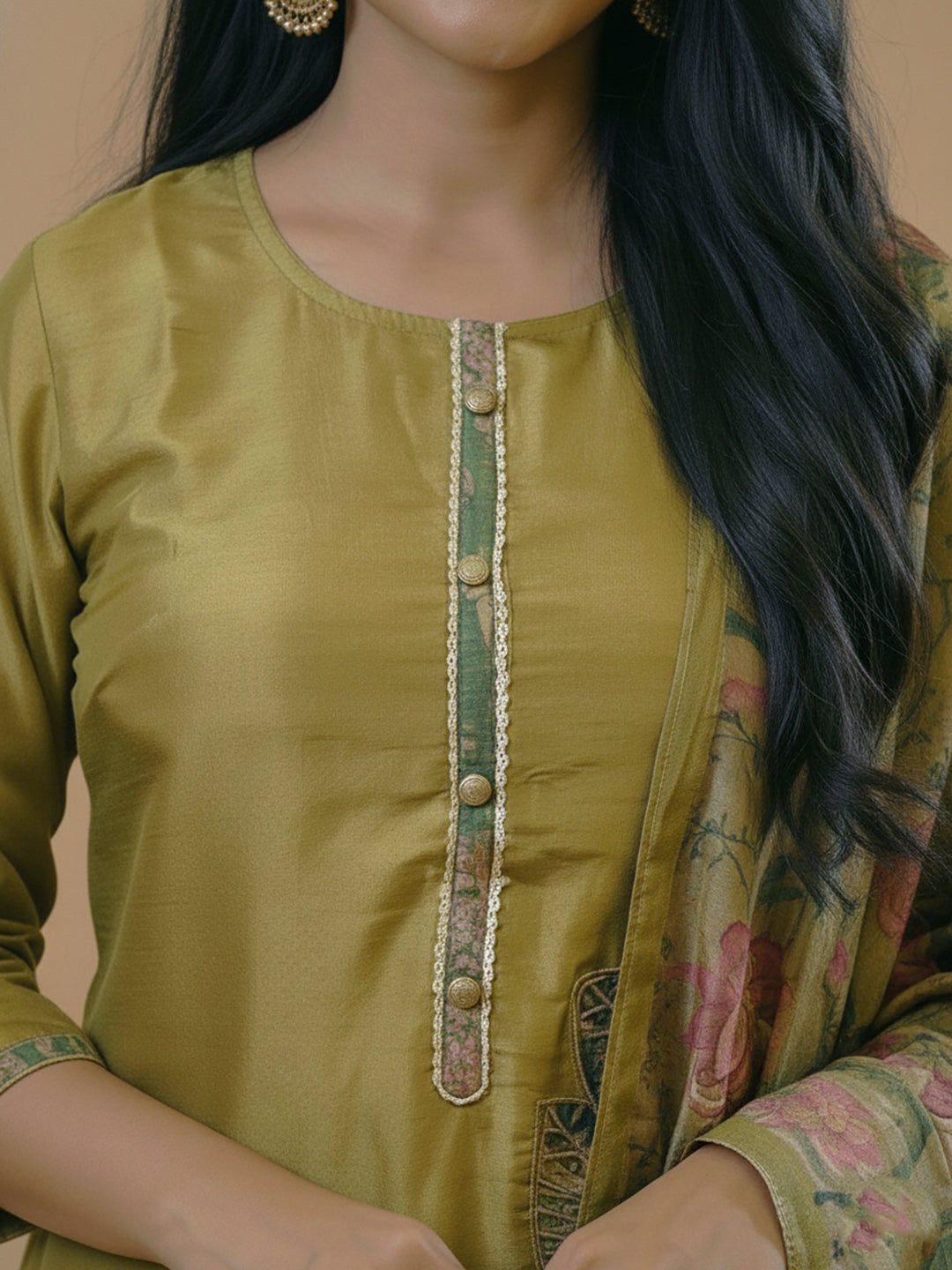 Mehendi Green Straight Suit Set with Floral Dupatta