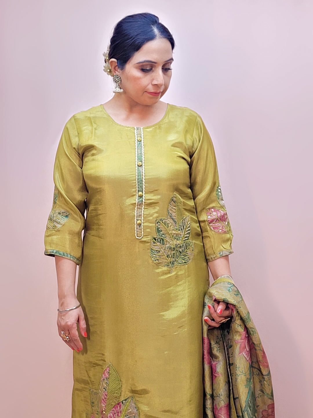 Mehendi Green Kurta Set with Floral Dupatta
