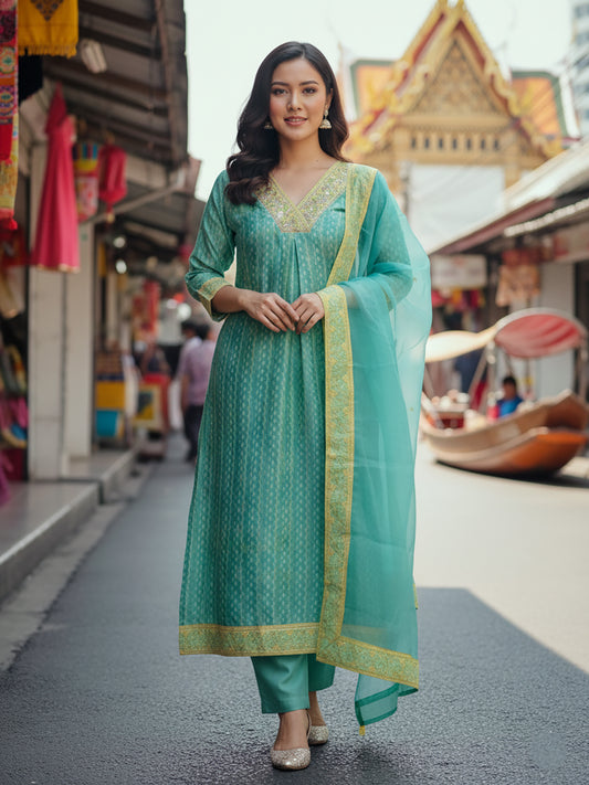 V-Neck Printed A-Line Kurta Set
