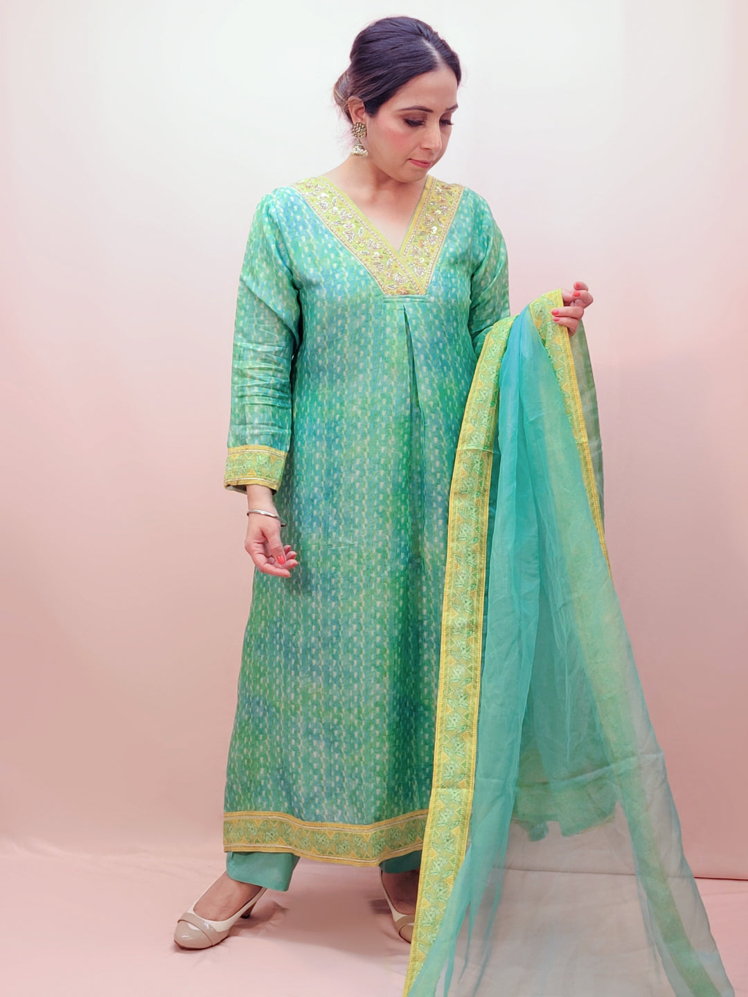V-Neck Printed A-Line Kurta Set