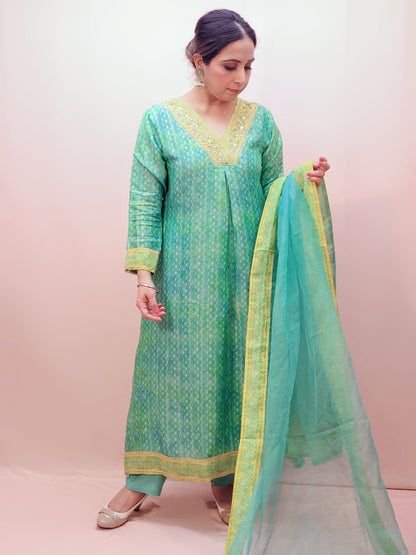 V-Neck Printed A-Line Kurta Set