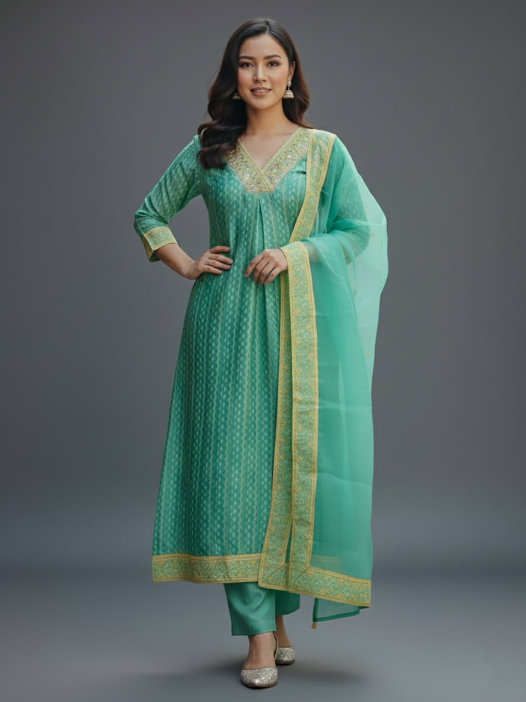 V-Neck Printed A-Line Party Wear Suit Set