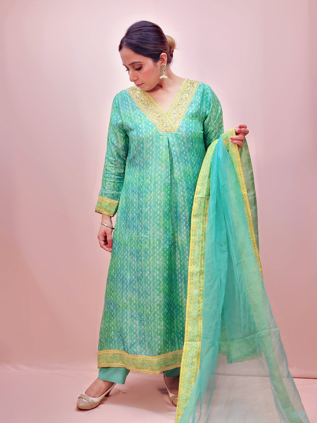 V-Neck Printed A-Line Kurta Set